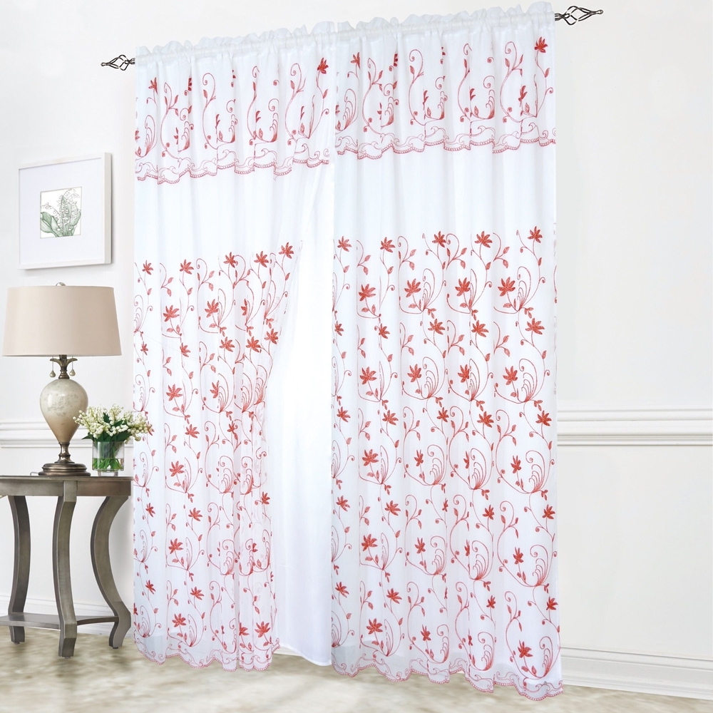 Elegant Floral Embroidered Curtain. White and Red With Valance.  2 Pannels 54×90